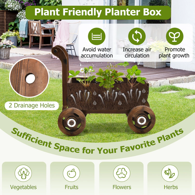Hivvago Decorative Wooden Wagon Cart with Handle Wheels and Drainage Hole