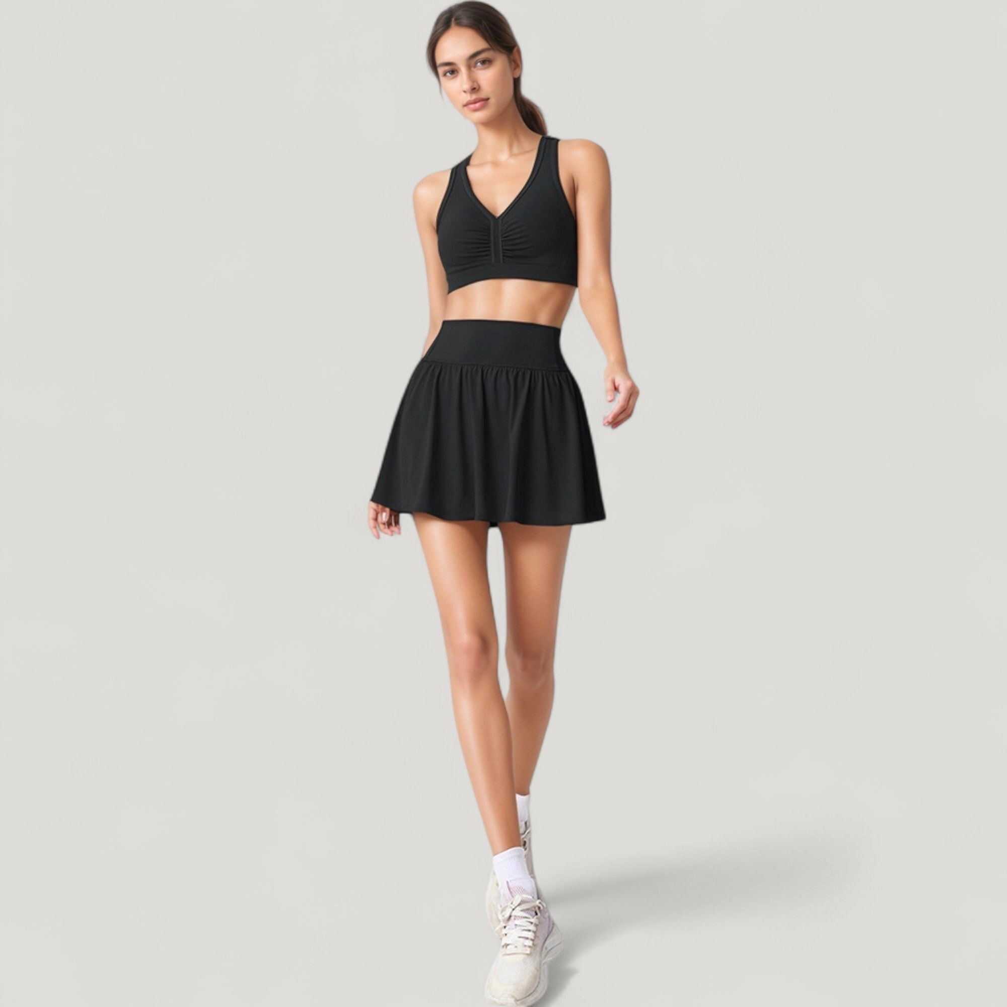 Anna-Kaci Women's Pleated Athletic Skirt and Ruched Sports Bra Set with Wide Waistband Stretch Fit