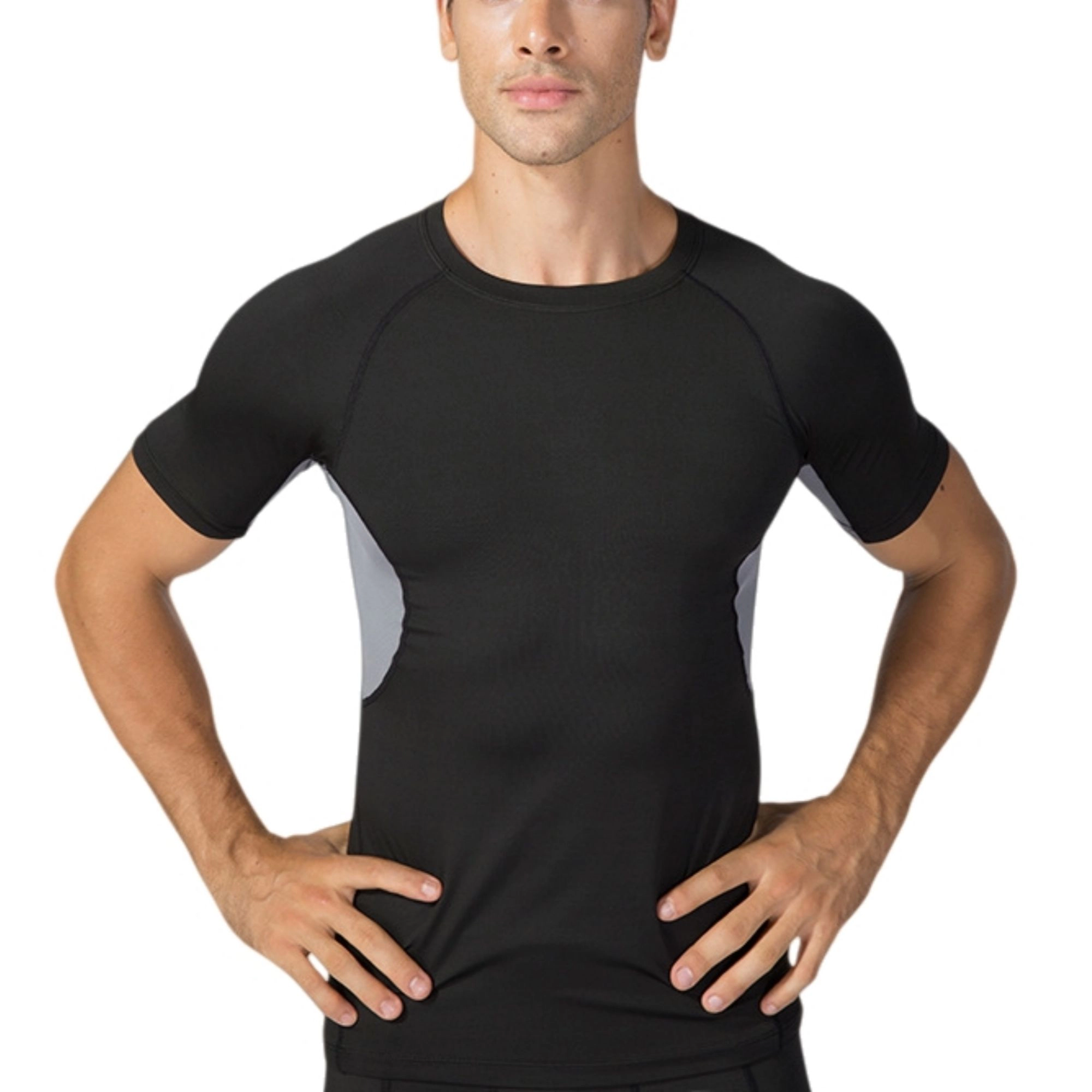 Anna-Kaci Men's Fitted Short Sleeve Athletic Shirt with Crew Neck and Color Block Side Panels