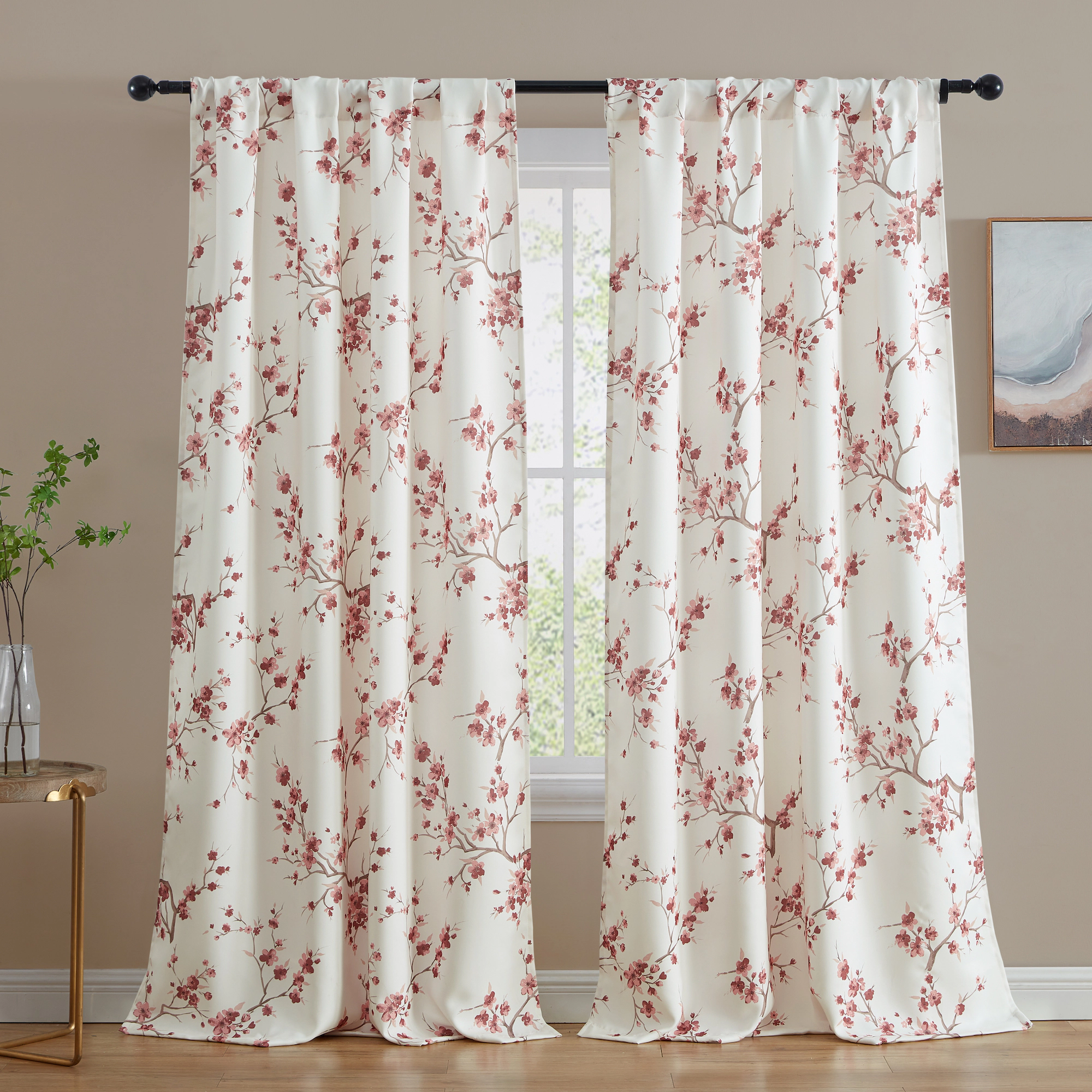 HLC.ME Jasmine Floral Patterned Window Rod Pocket Curtains Bedroom - Light Blocking Darkening Panels, Set of 2
