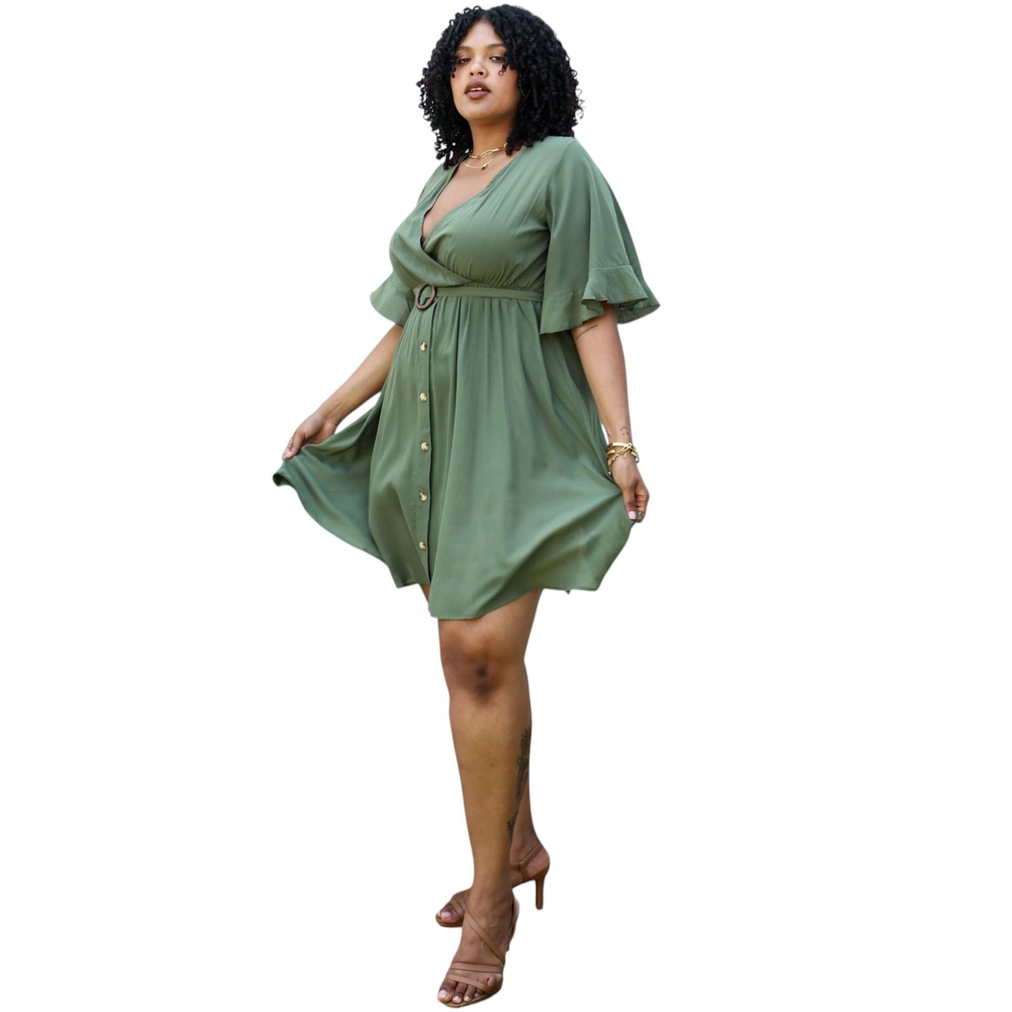 Anna-Kaci Women's Plus Short Sleeve Button-Down Dress with Flowy Skirt and Waist Belt