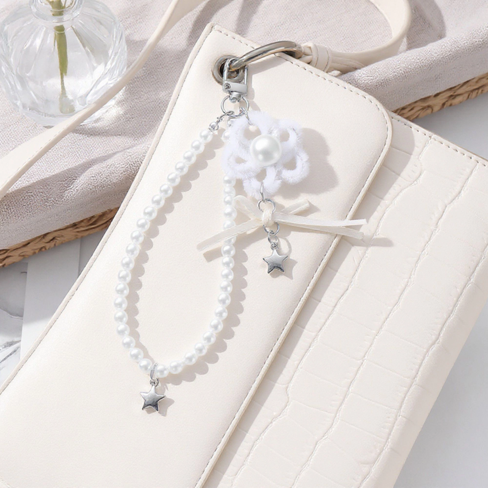 Alilang Women's Fashion Pearl Beaded Keychain with Ribbon Bow and Star Charms