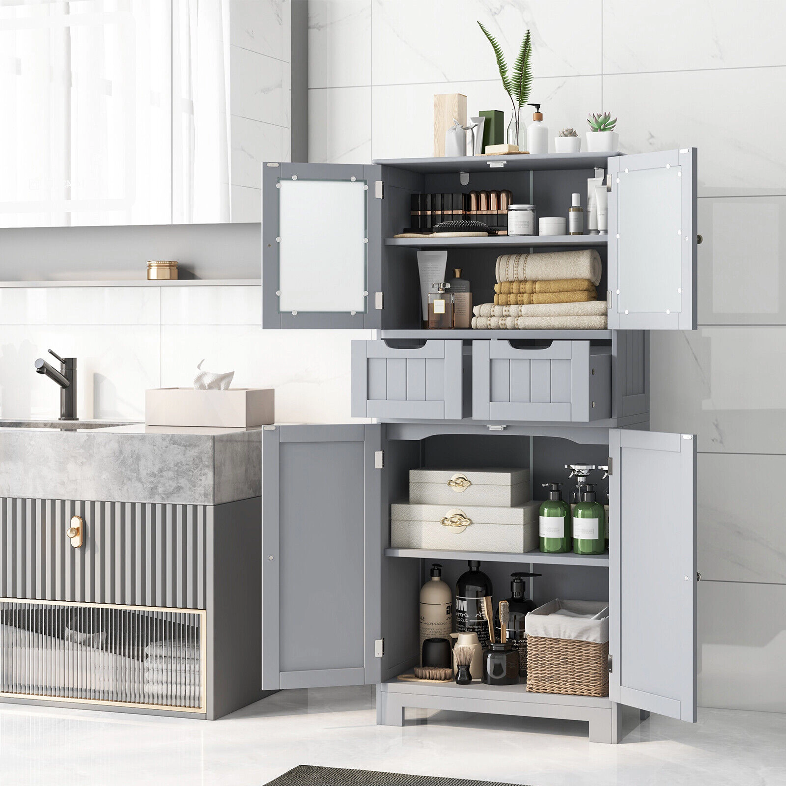 Glintex 4-Door Bathroom Cabinet with 2 Drawers Glass Fronts and Raised Legs