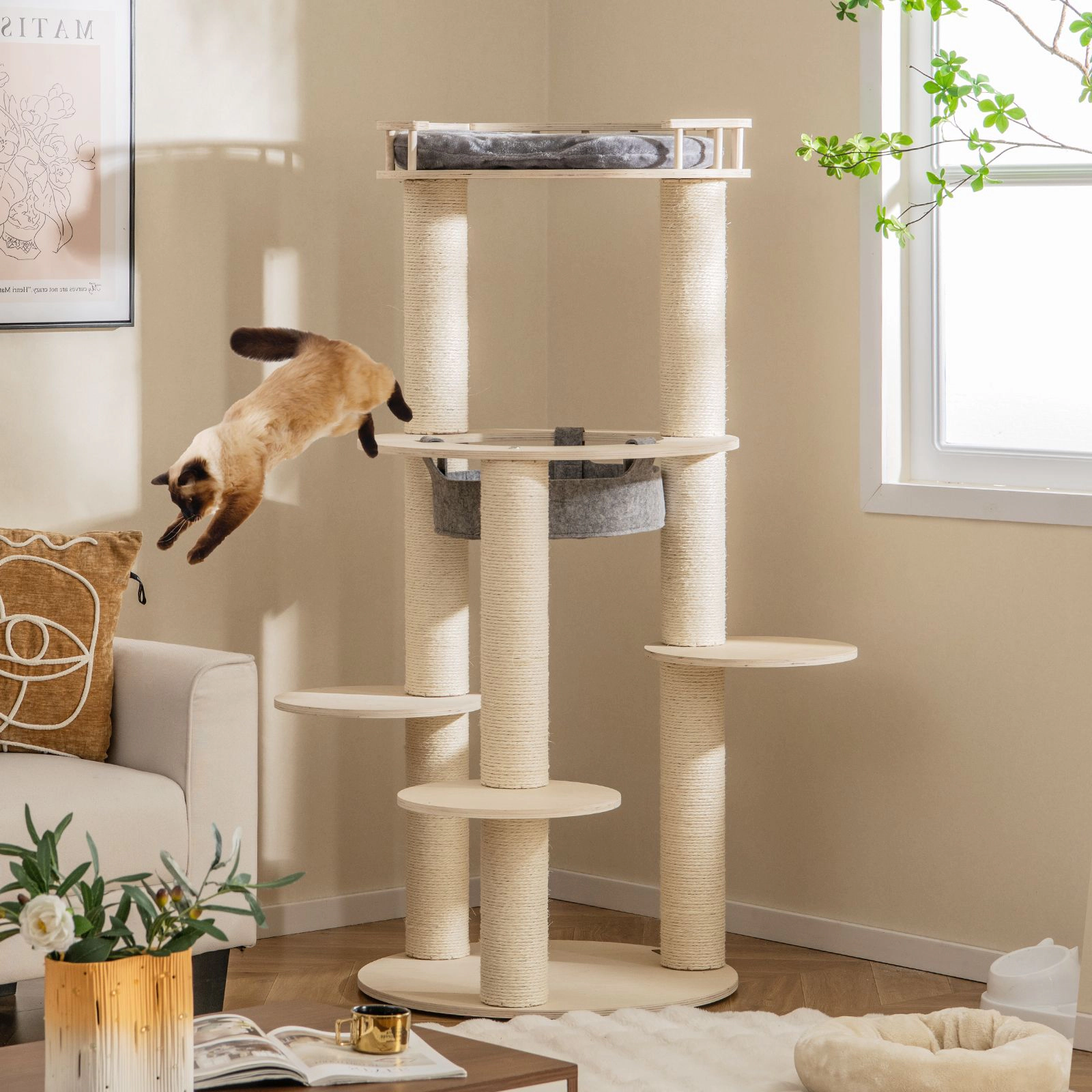 SlickBlue 59 Inch Wooden Cat Tree with Hammock & Plush Perch