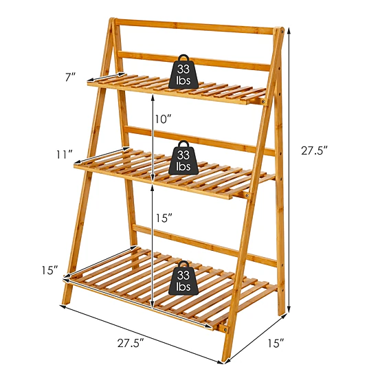 SUGIFT Natural 3-Tier Foldable Bamboo Plant Stand with Open Ladder Shelves 27.5-in W 15-in D 37.5-in H