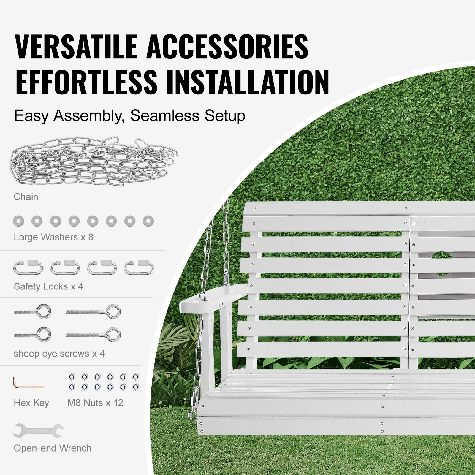 HONGGE 5 ft Cedar Wood Porch Swing with Foldable Cup Holder & Hanging Chains, Patio Bench Seat, 880 lb Capacity, White