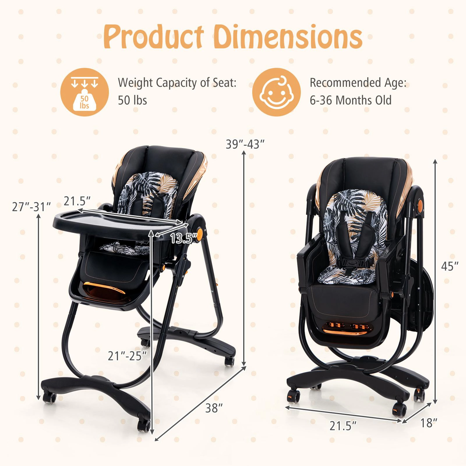 SUGIFT Folding Baby Dining High Chair with Adjustable Height and Recline 50-lb Capacity Ages 6-36 Months Gray/Black