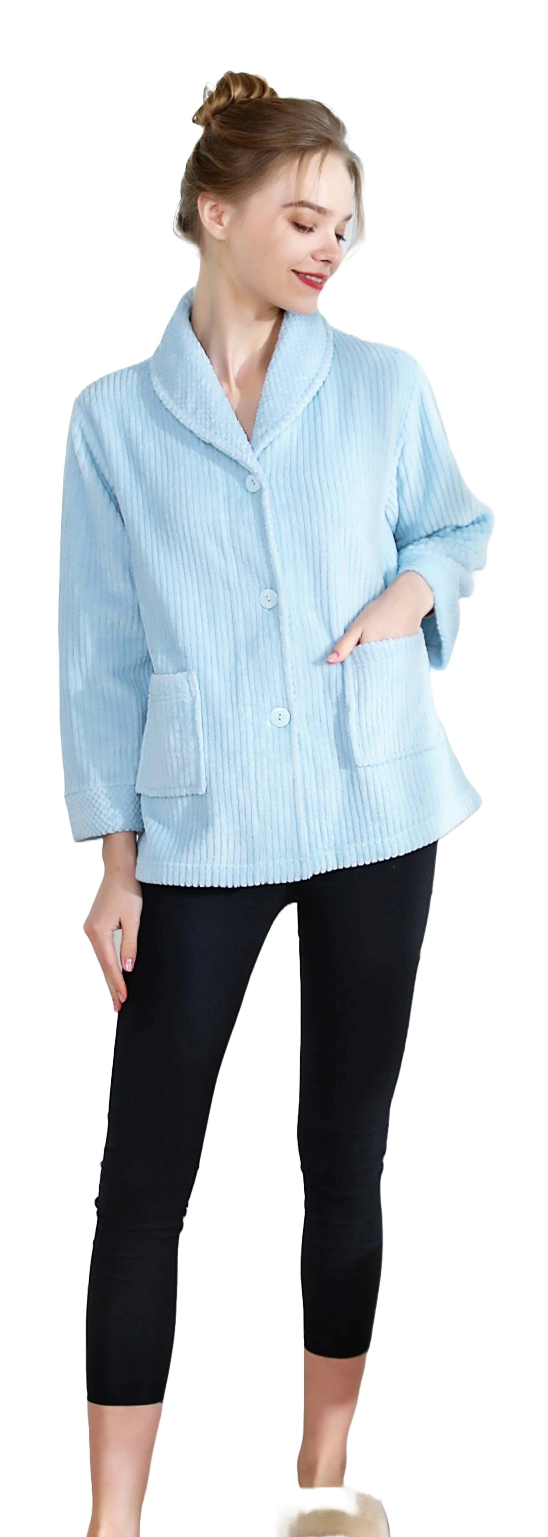 Loungees Women's Drop Needle Coral Fleece Shawl Collar Button FrontBed Jacket