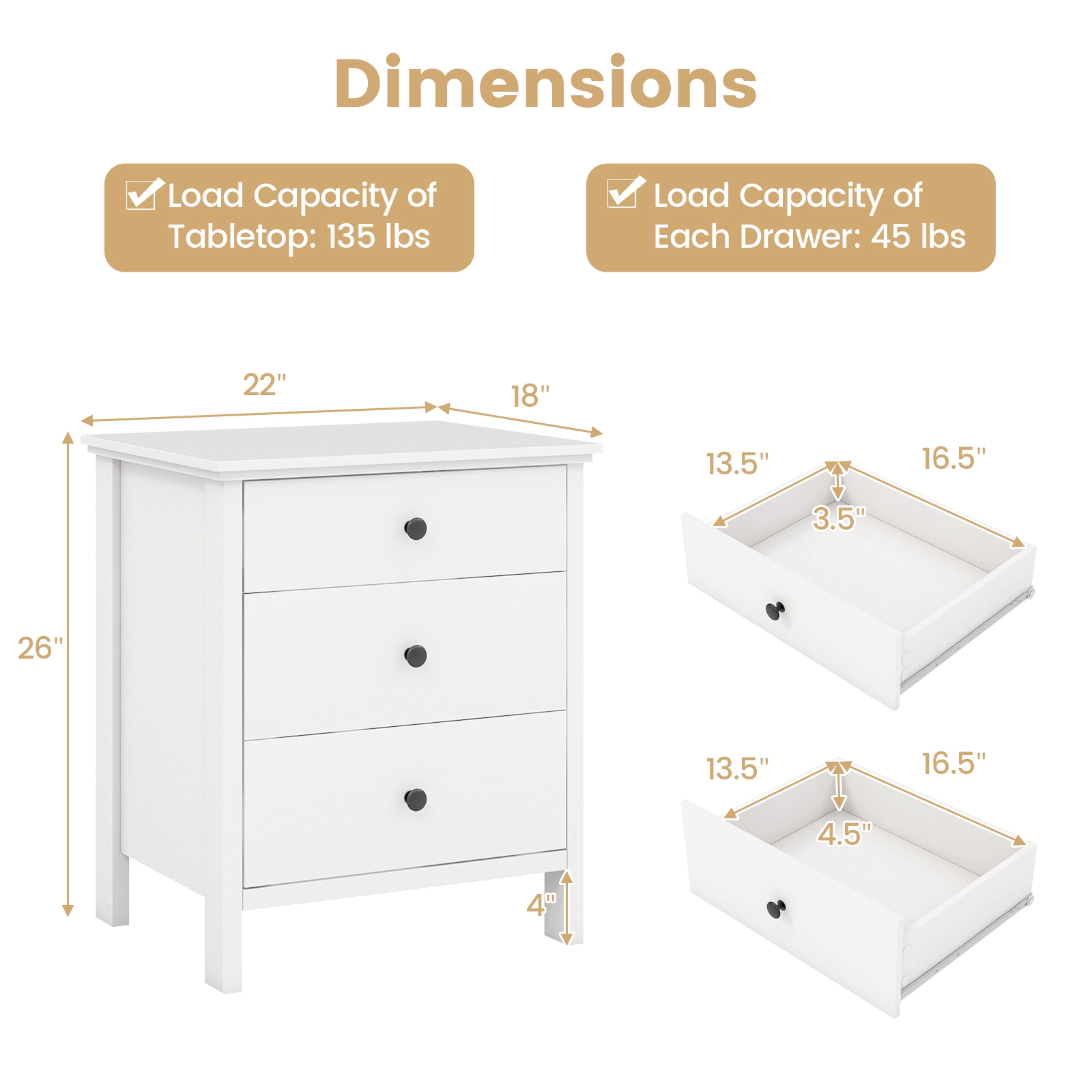 SUGIFT 3-Drawer MDF Engineered Wood Nightstand 26-in Tall 135-lb Tabletop Capacity 45-lb Drawer Capacity White