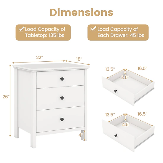 SUGIFT 3-Drawer MDF Engineered Wood Nightstand 26-in Tall 135-lb Tabletop Capacity 45-lb Drawer Capacity White