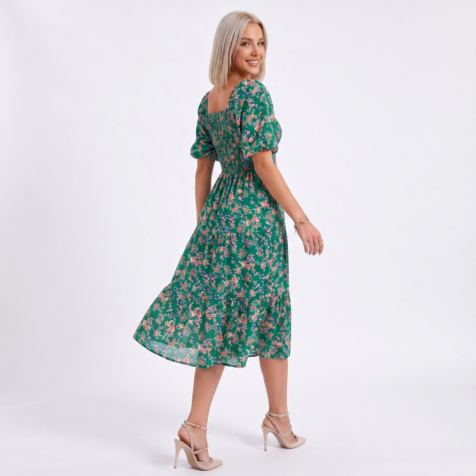 Anna-Kaci Women's Floral Square Neck Smocked Bodice Tiered Midi Dress