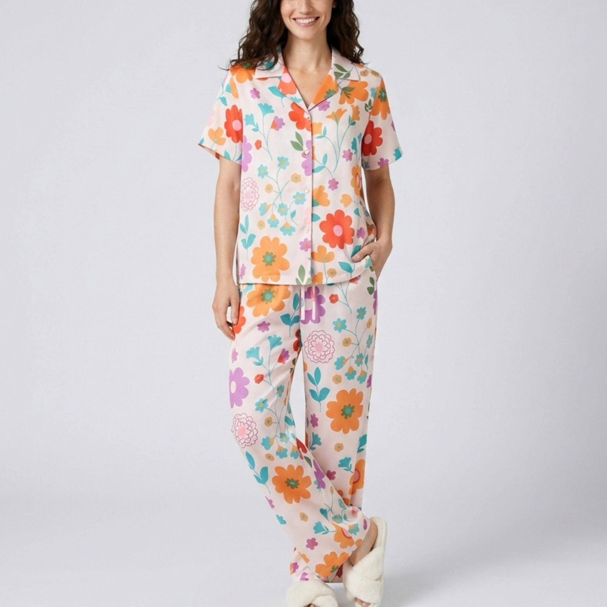 Anna-Kaci Women's 2-Piece Floral Pajama Set with Short Sleeve Button Top and Wide Leg Pants