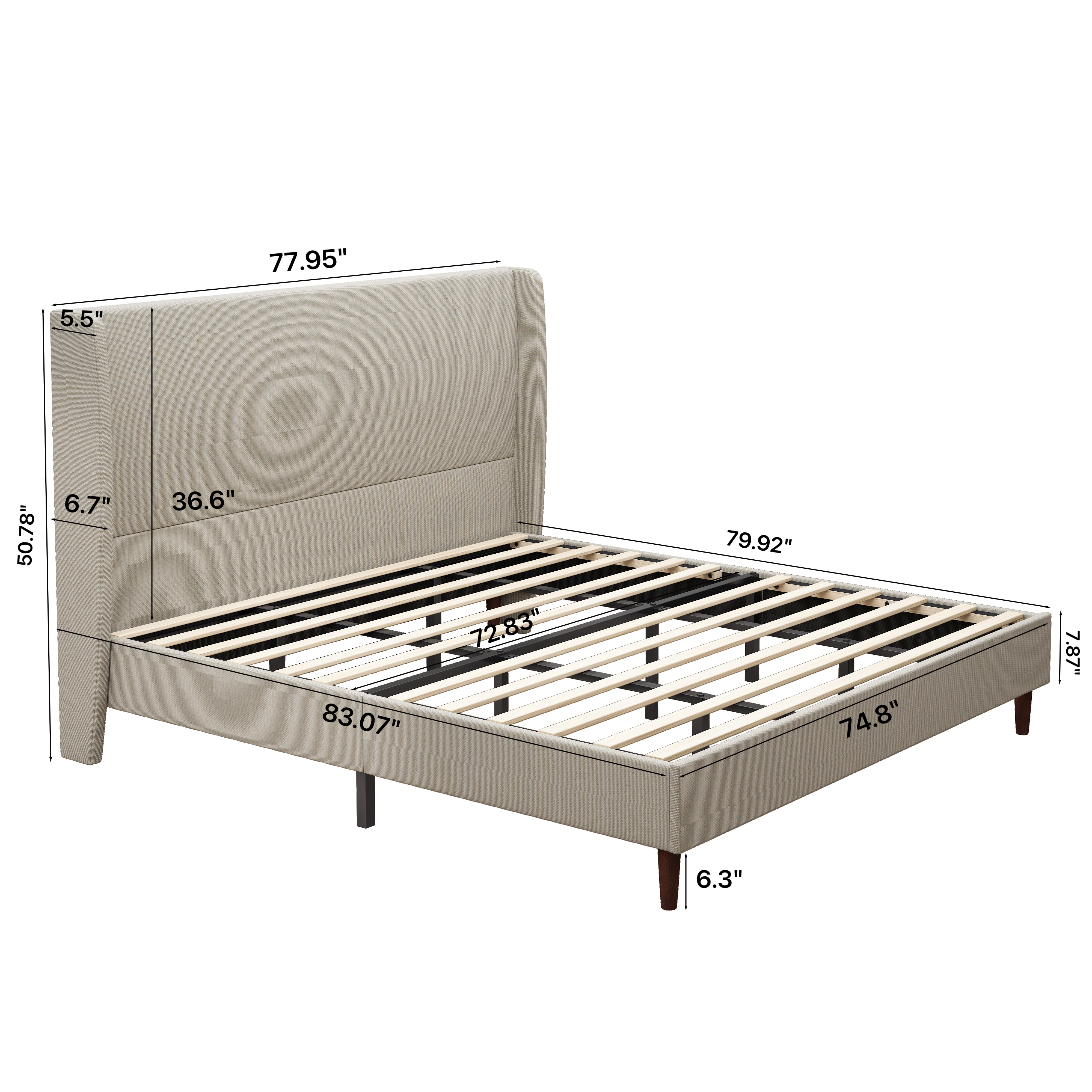 Flynama King Upholstered Bed with High Linen Headboard, 12-Slat Support, Beige