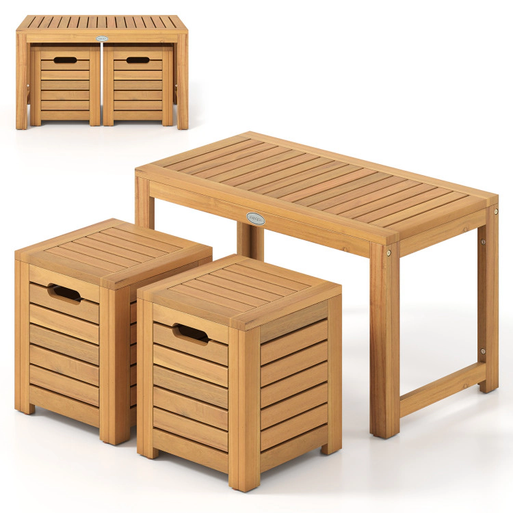 Hivvago Acacia Wood Outdoor Coffee Table With Stools Set Of 2 3 Pieces Patio Table And Stools Set