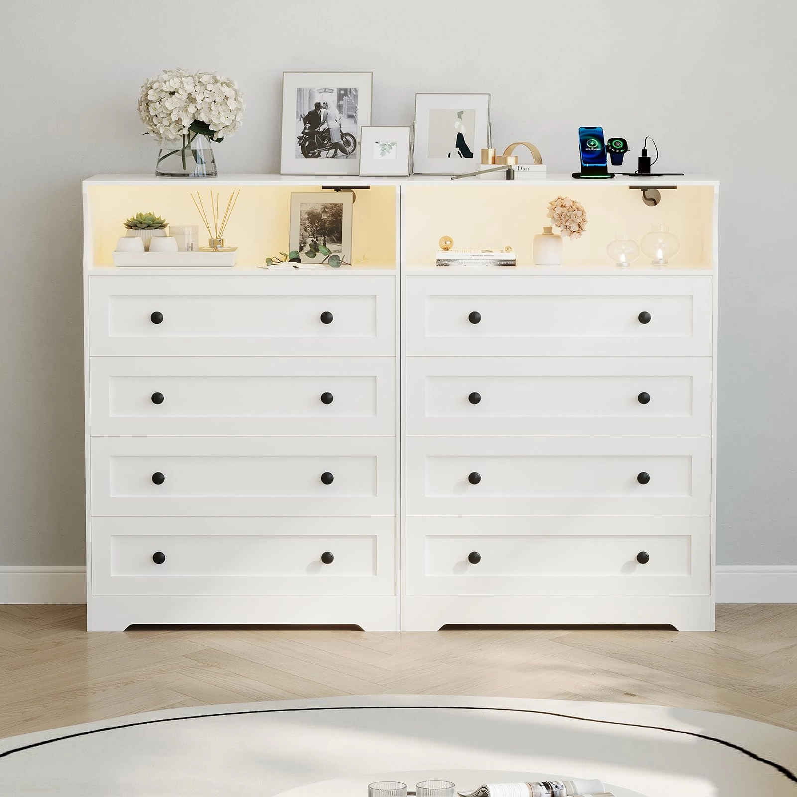 45.2" Tall 4 Drawer Dresser with LED Shelf & Charging Station, Wood Storage Chest