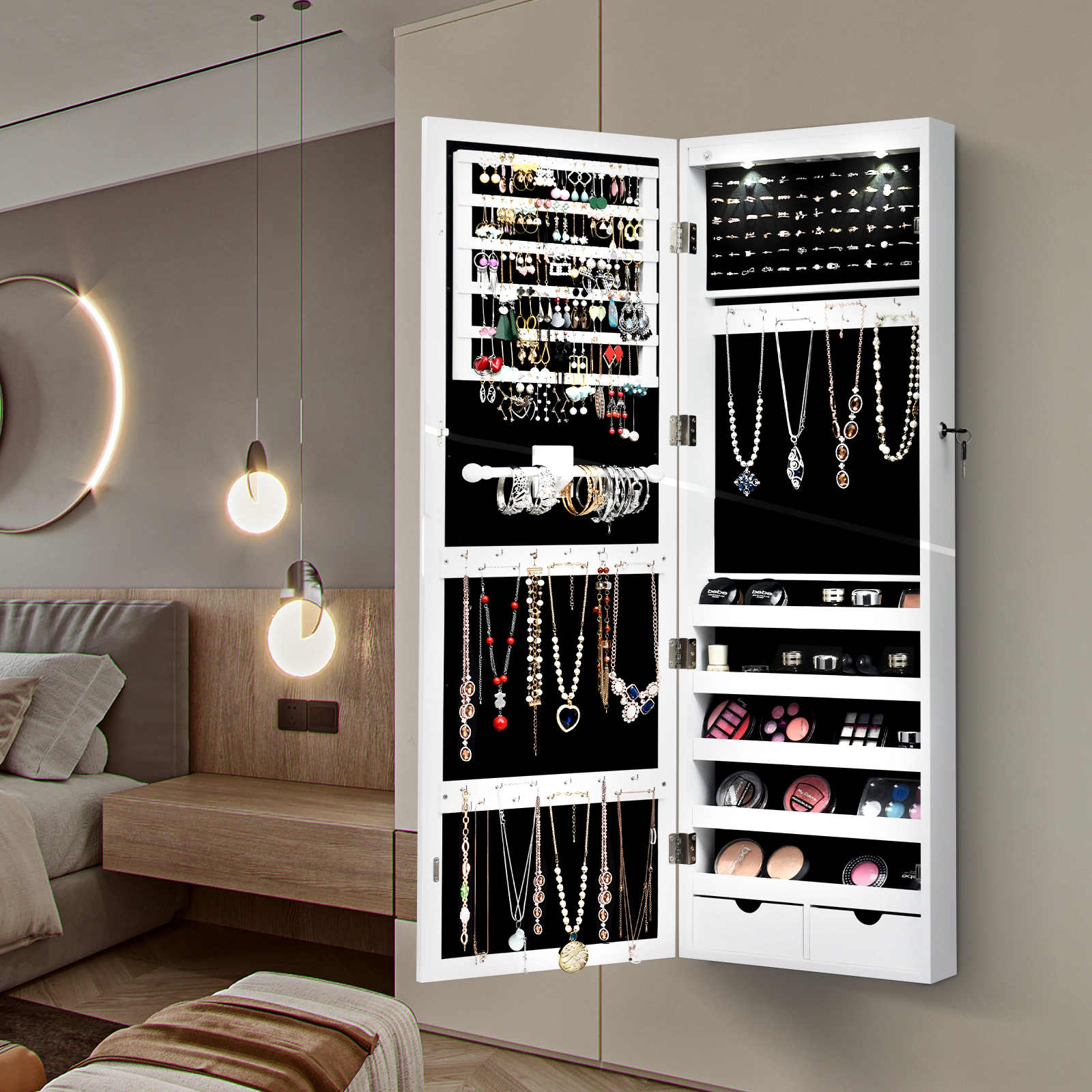 SUGIFT Wall Mount Jewelry Cabinet White Lockable Mirrored Armoire with 8 LED Lights