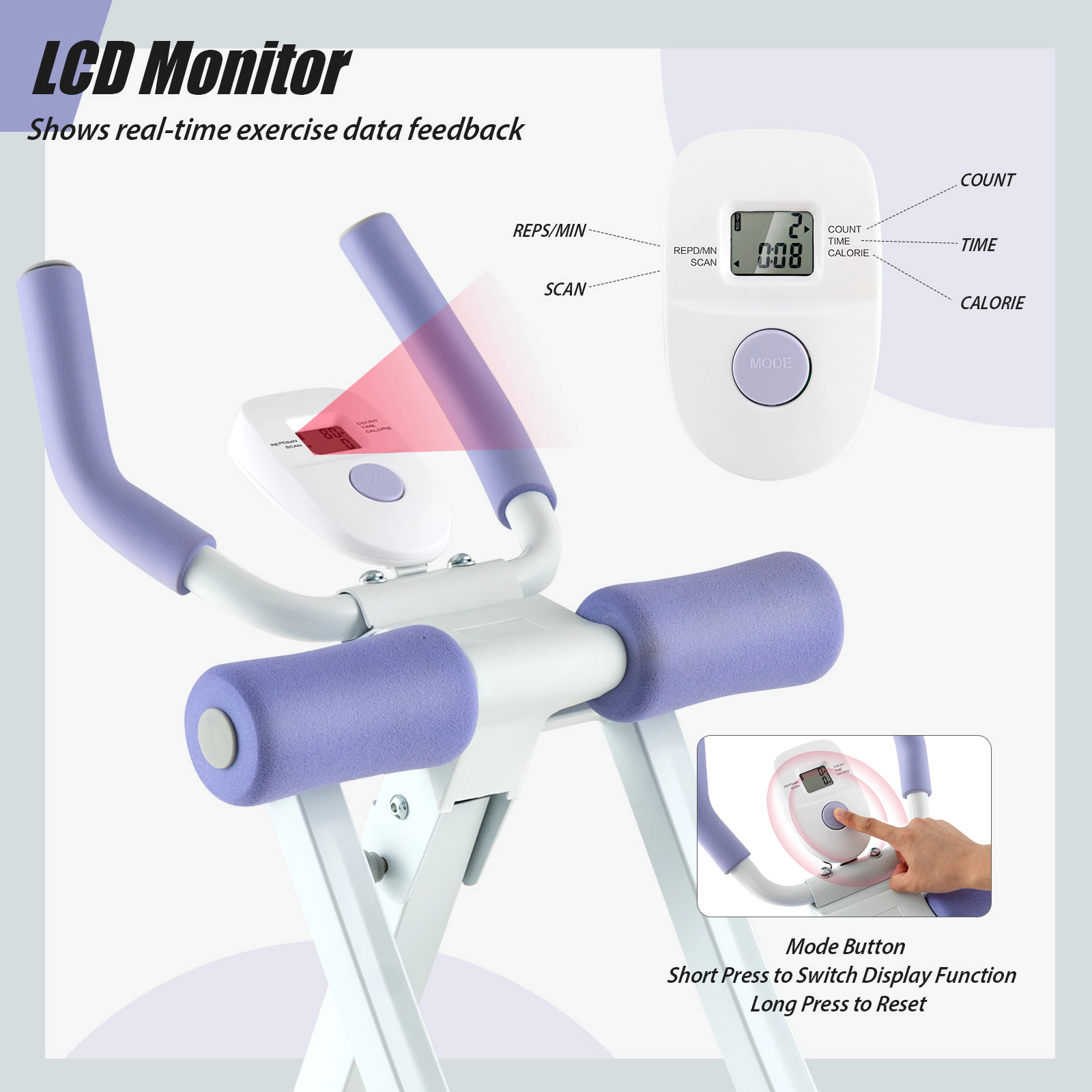 SUGIFT 4-Height Adjustable Folding Ab Machine with LCD Monitor and 145-Degree Curved Sliding Track Purple