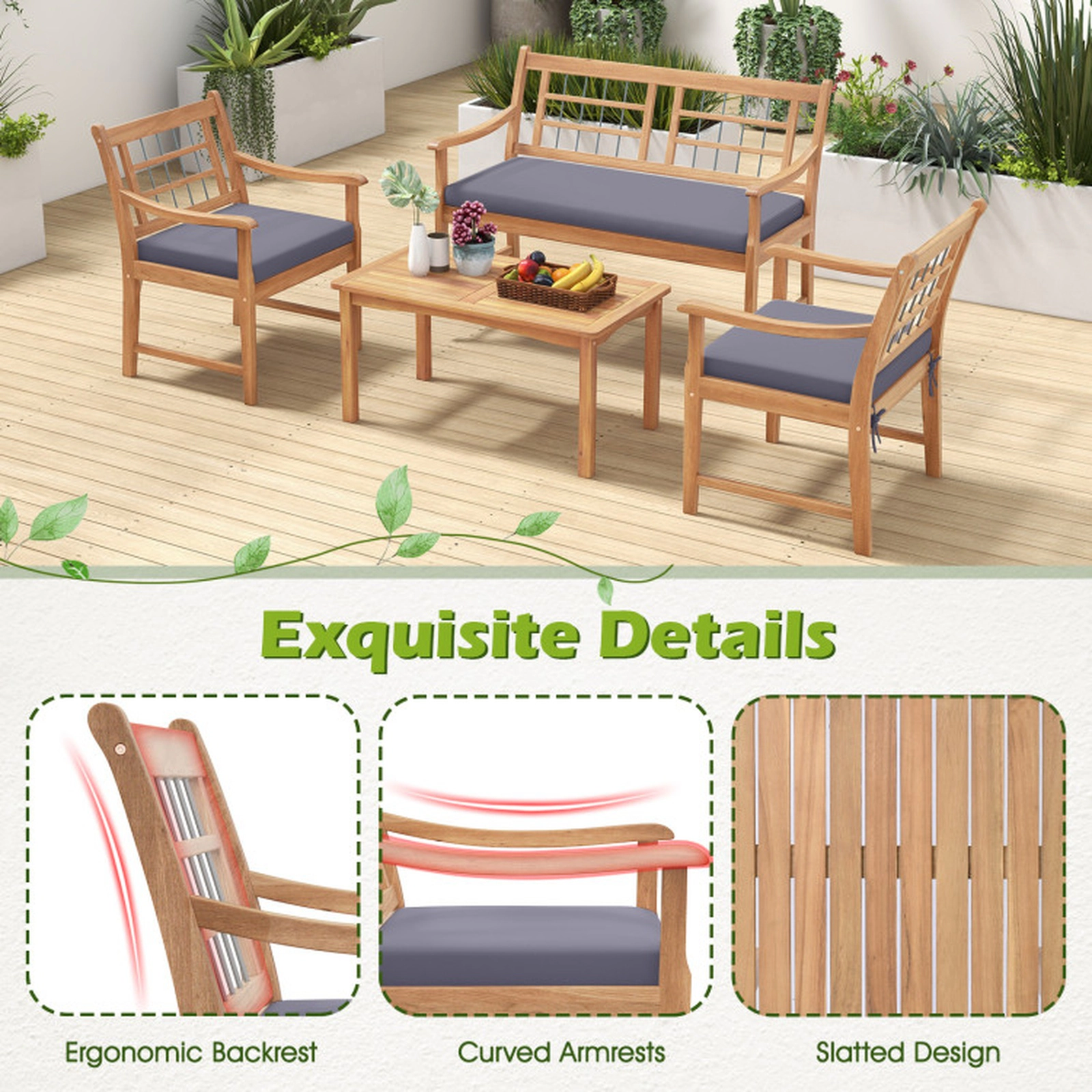 SUGIFT 4-Piece 800-lb Loveseat Capacity Acacia Wood Patio Furniture Set with 2 Armchairs and Coffee Table
