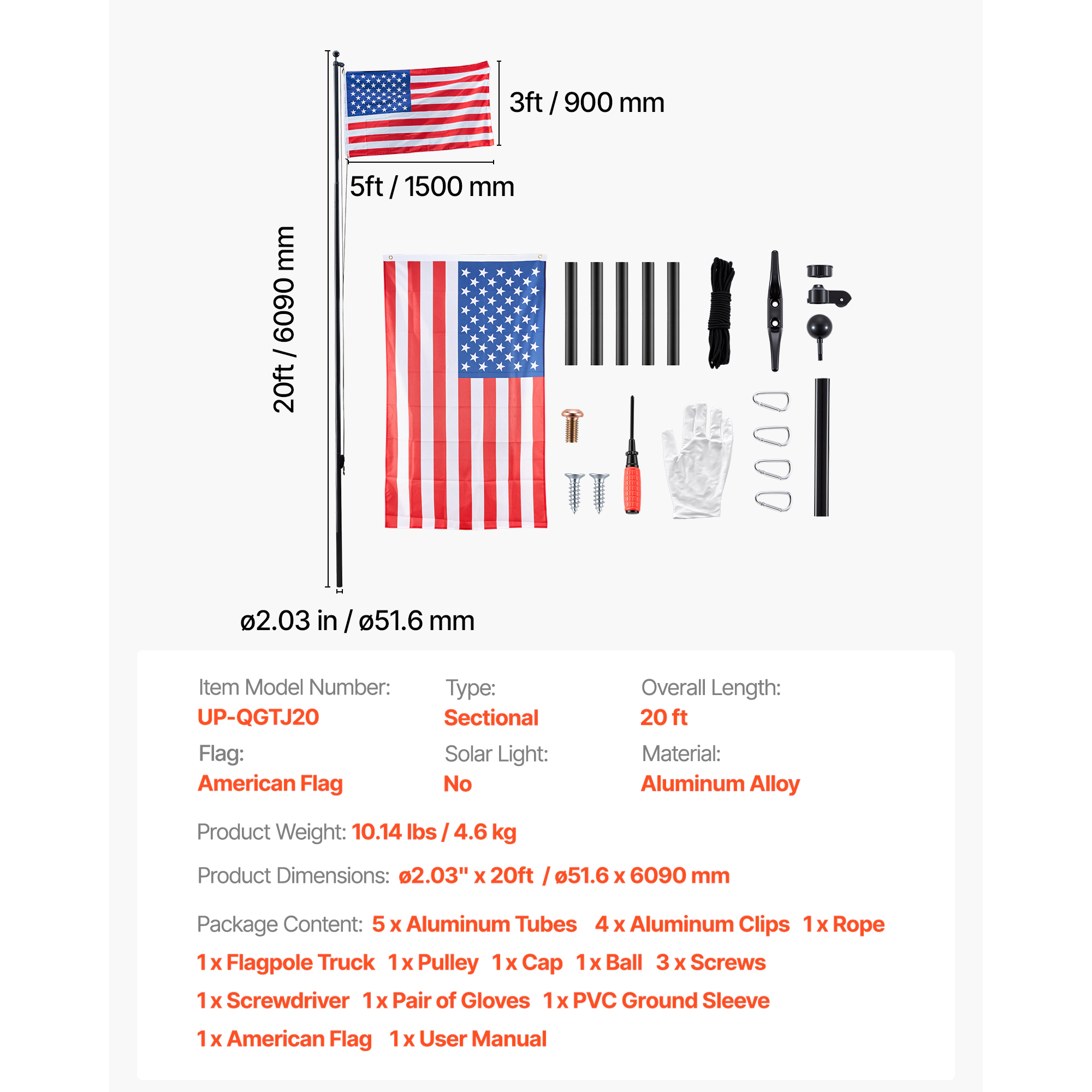 HONGGE 20 ft Sectional Flag Pole Kit, Heavy Duty Aluminum In-Ground Flagpole with 3x5 American Flag