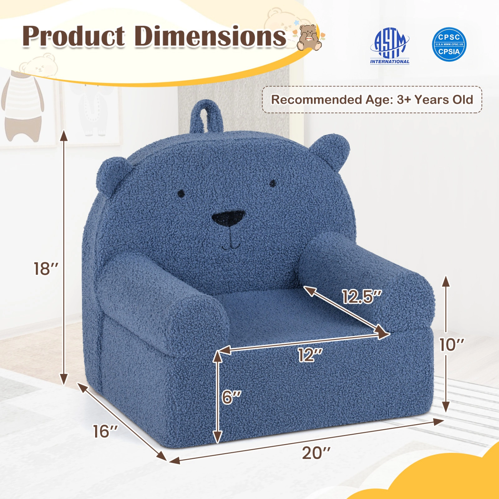 SUGIFT Kids Bear Foam Sofa Chair with Teddy Fleece Fabric Cover 20 x 16 x 18 in Ages 3+ Navy Single Seat
