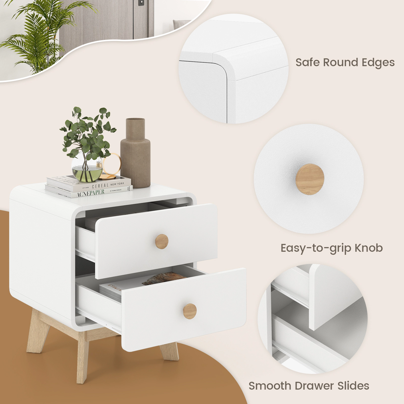 SUGIFT 2-Drawer Nightstand with Solid Rubber Wood Legs 110-lb Tabletop Capacity Brown/White