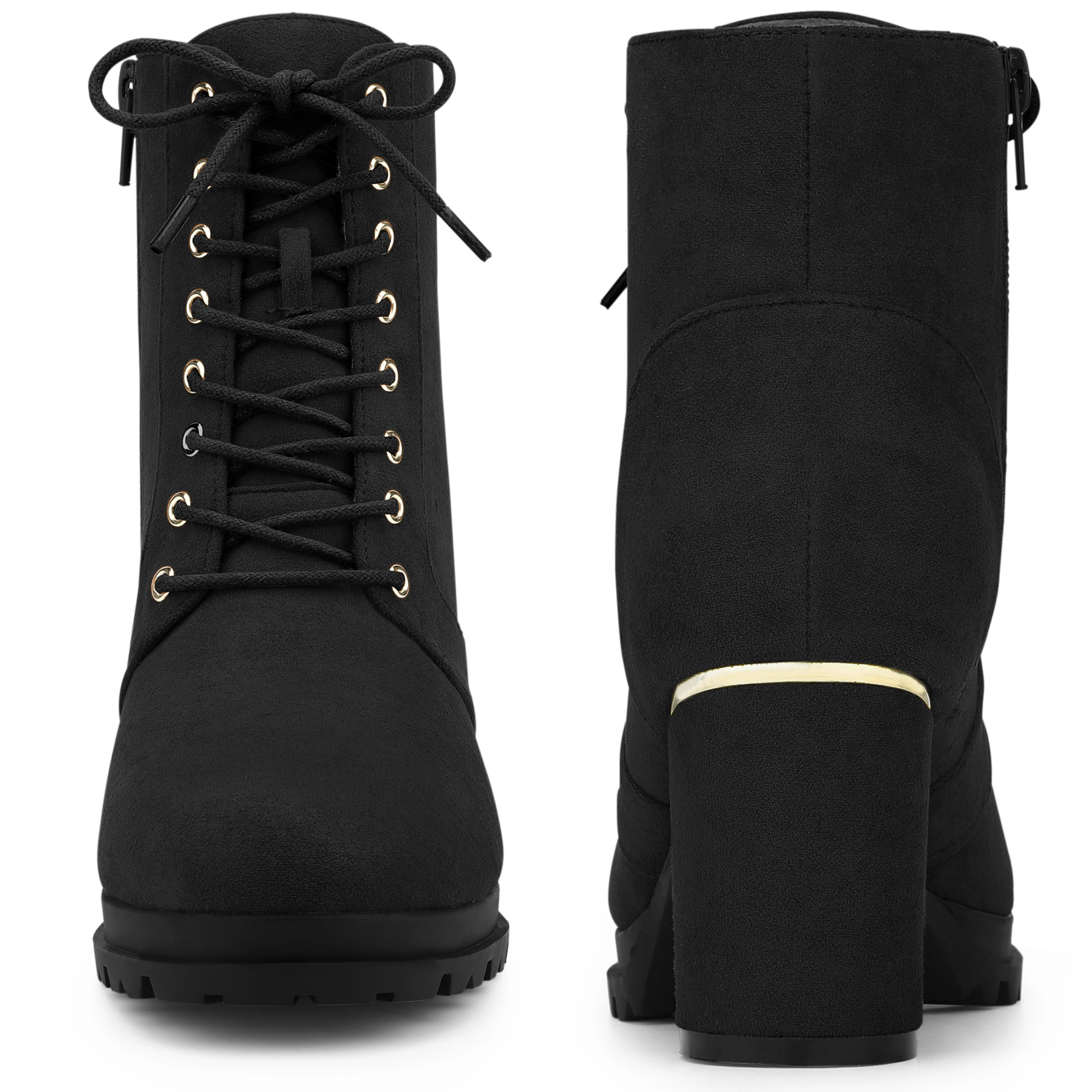 BLISSFUL STEP Women Faux Suede Chunky Heel Lace Up Platform Ankle Combat Boots