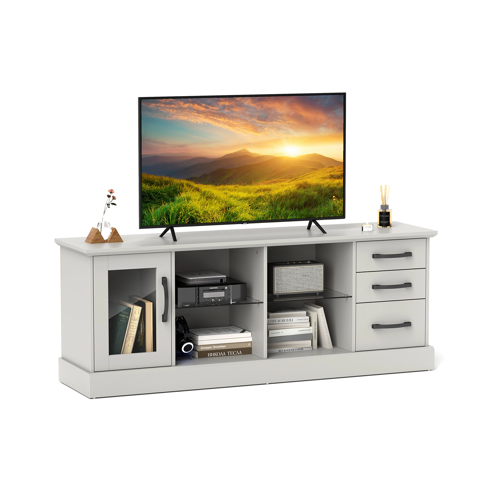 Glintex 63-Inch Media Console with 3 Drawers and 2 Removable Glass Shelves, Gray