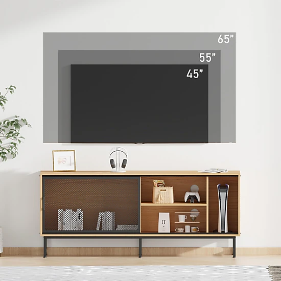 BebreezChic 63 Inch Modern Industrial TV Stand for Living Room for TV up to 70"–Metal Mesh Sliding Doors