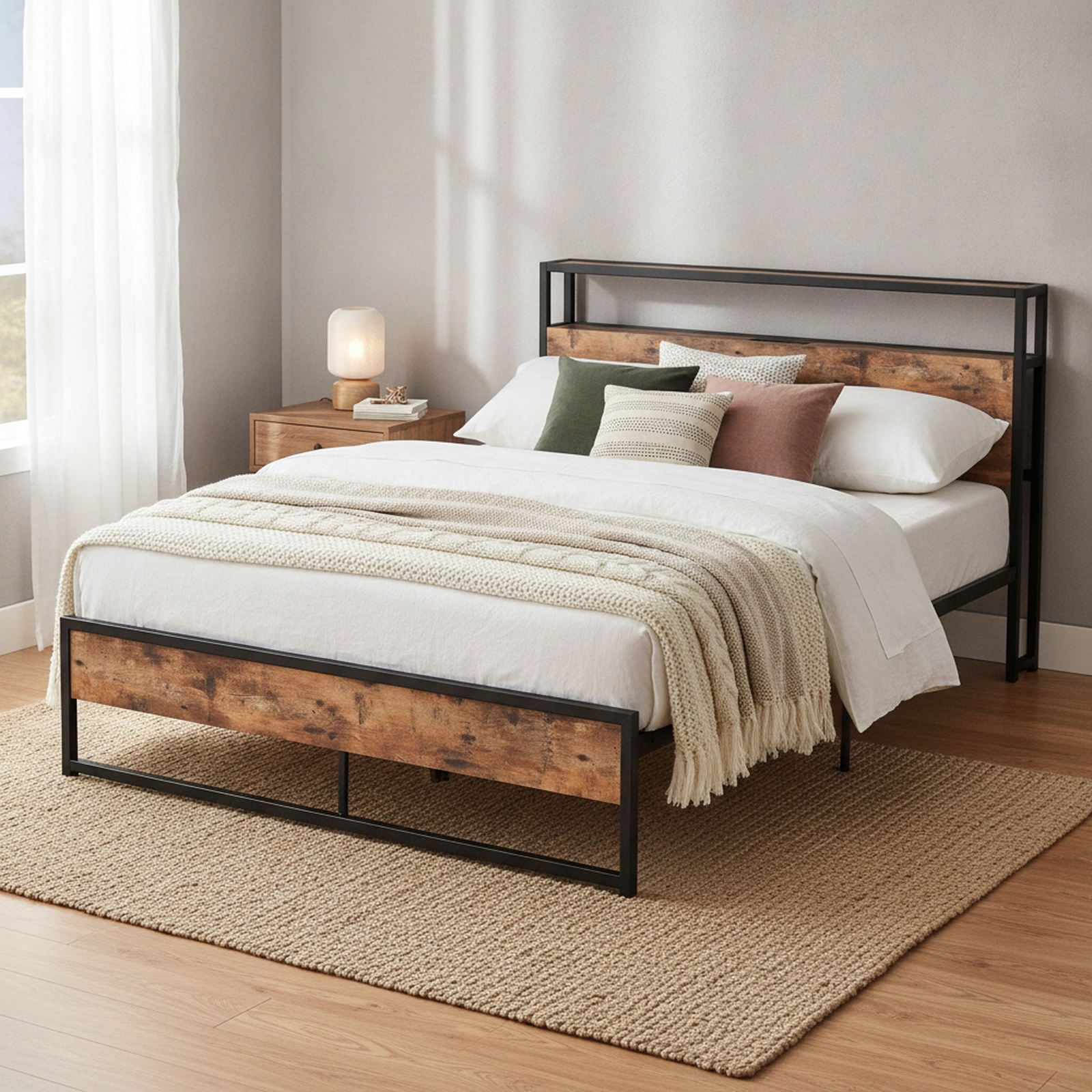 SUGIFT Full Size Metal Platform Bed with Storage Headboard, Charging Station and 2 Drawers, Rustic Brown