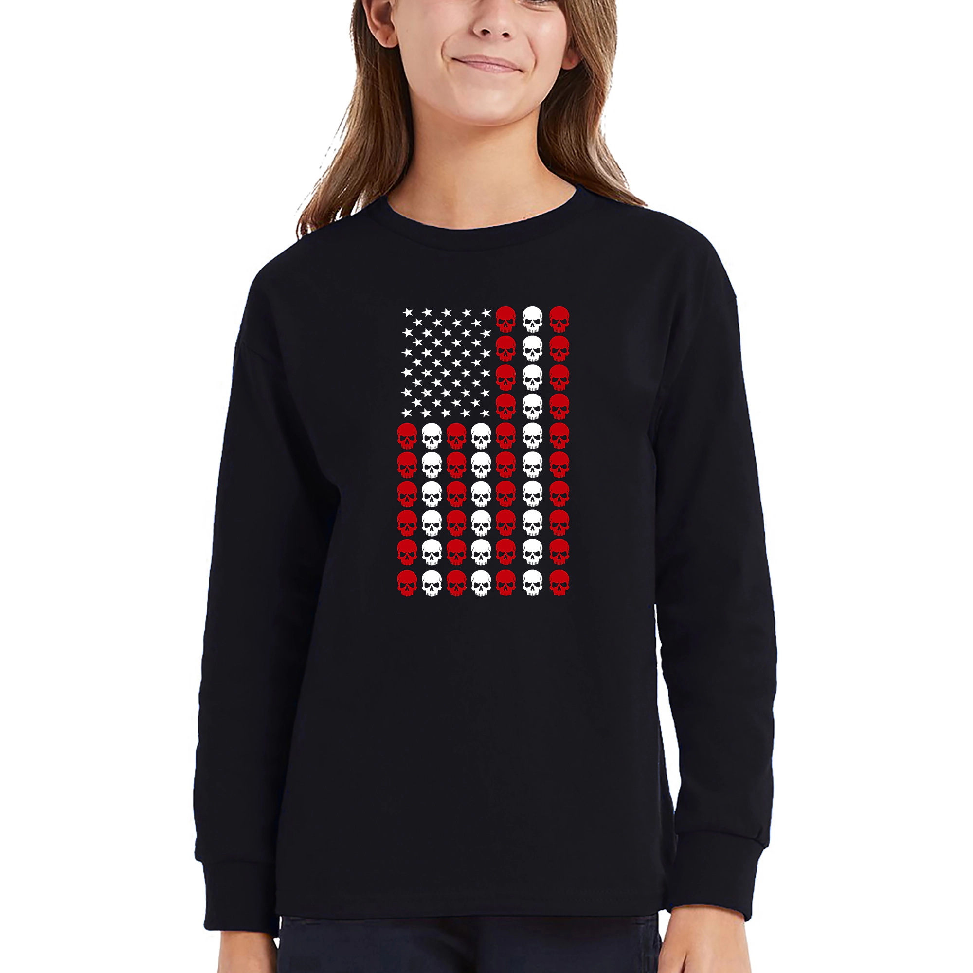 LA Pop Art Girls Long Sleeve Word T-Shirt - Skull Flag