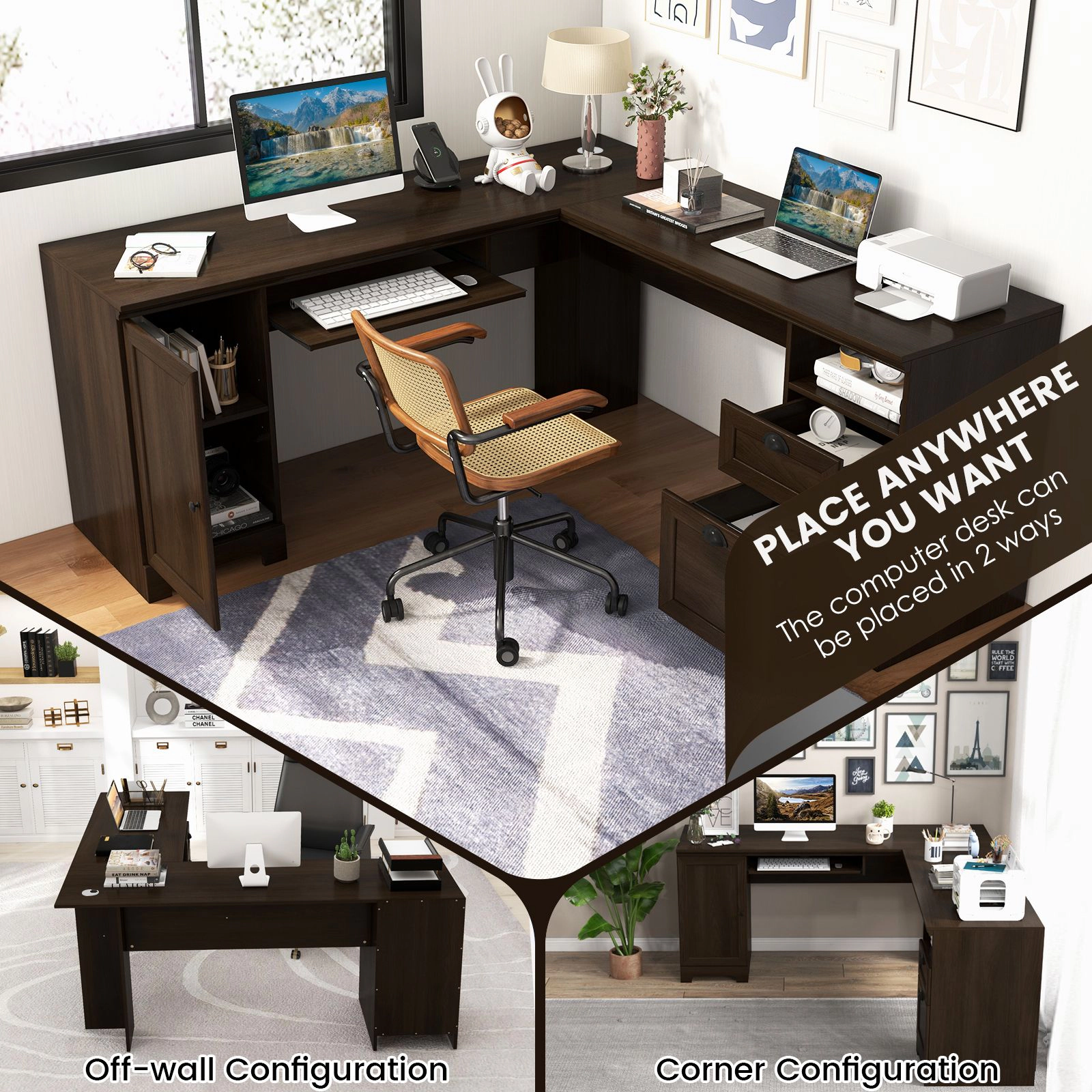 SlickBlue 66 Inch L-Shaped Computer Desk With Storage Cabinet
