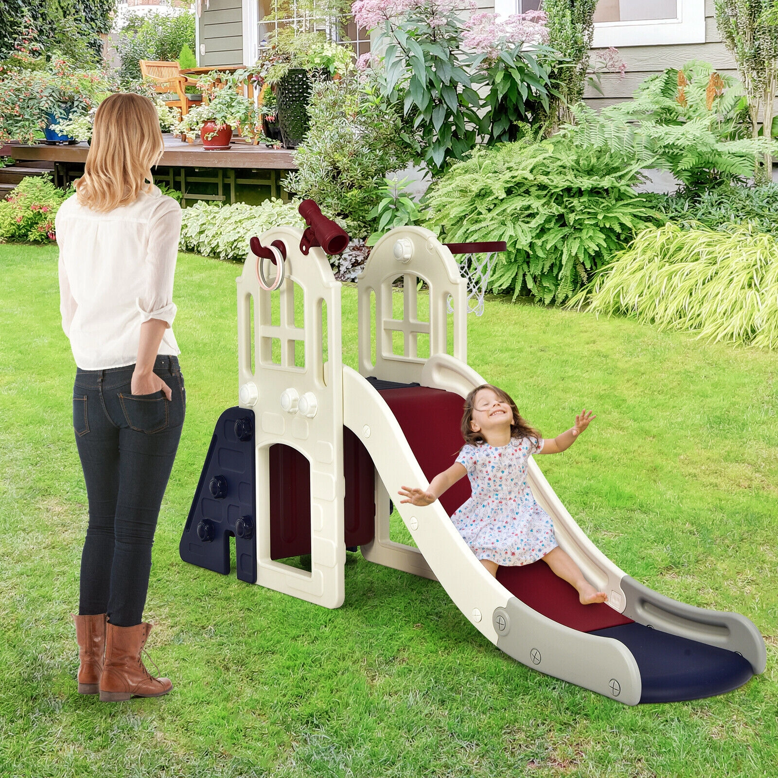 LJG 6-In-1 Large Slide for Kids Toddler Climber Playset with Basketball Hoop