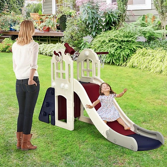 LJG 6-In-1 Large Slide for Kids Toddler Climber Slide Playset with Basketball Hoop