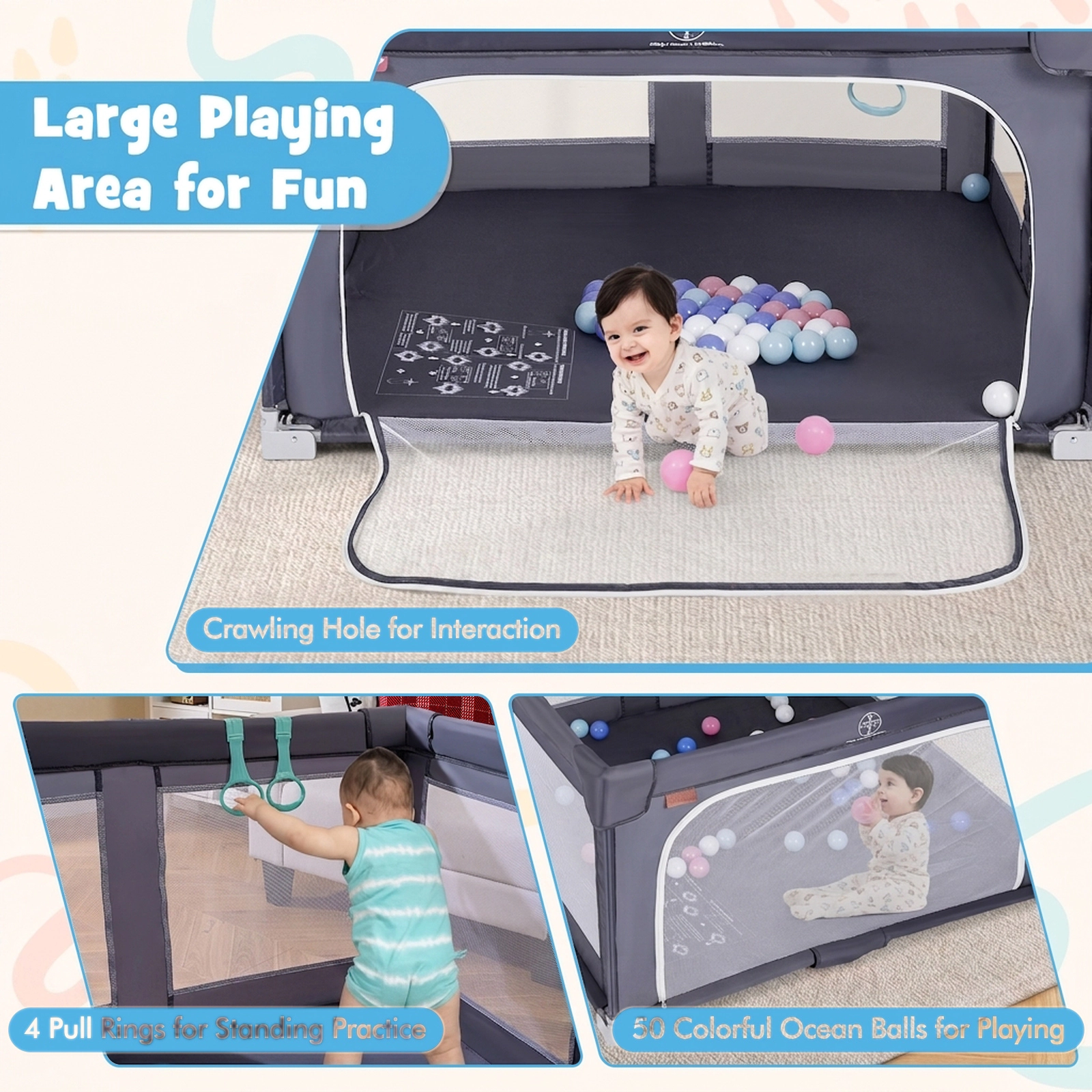 SUGIFT Large Foldable Baby Playpen Safety Fence with Zipper Door Ages 0-3 Years Dark Gray