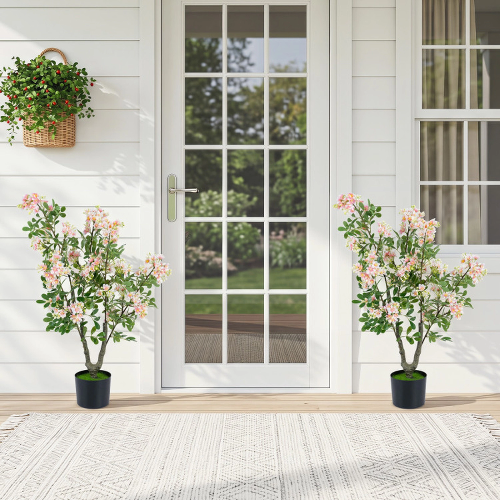 SUGIFT Set of 2 36-in Artificial Impatiens Trees with 210 Silk Flowers Mini Fruits and Cement Base Pink
