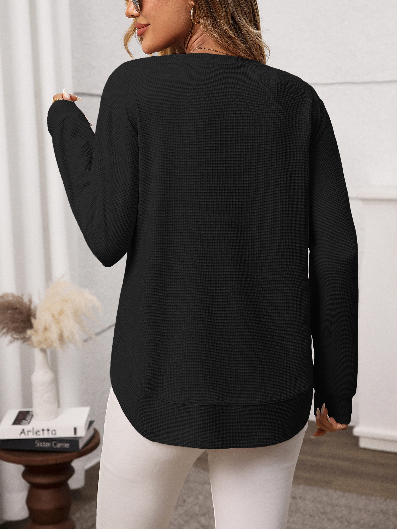 Enchanted Funland Womens Crew Neck Waffle Knit Long Sleeve Curved Hem Tunic Tops