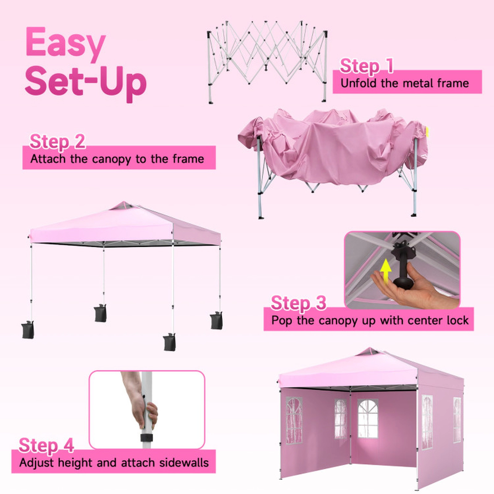 SUGIFT Pop Up Canopy Tent with 4 Sidewalls Adjustable Height Waterproof 10 x 10-ft Pink