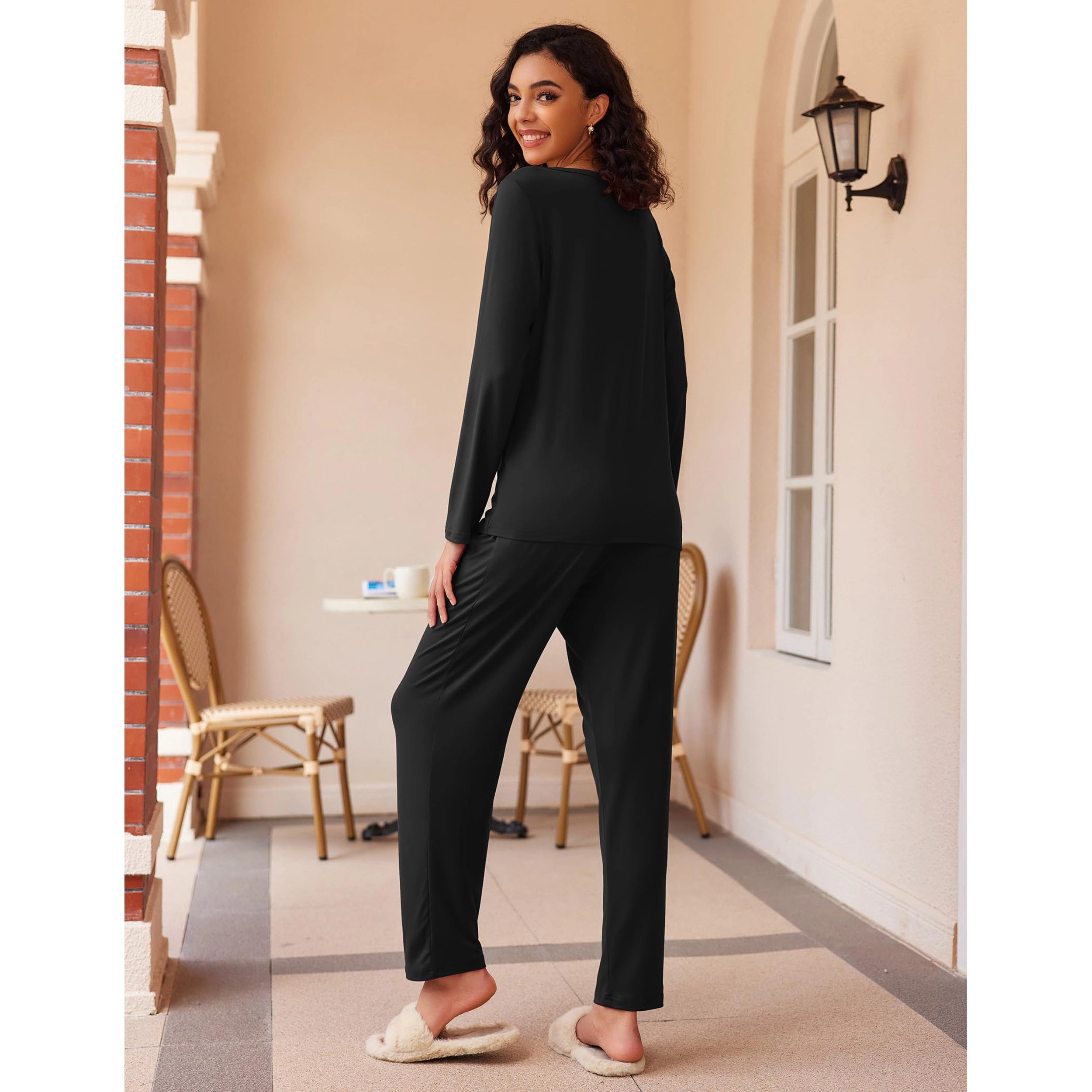 Ekouaer Women's Crew Neck Long Sleeve Pajamas Set 2 Piece Loungewear