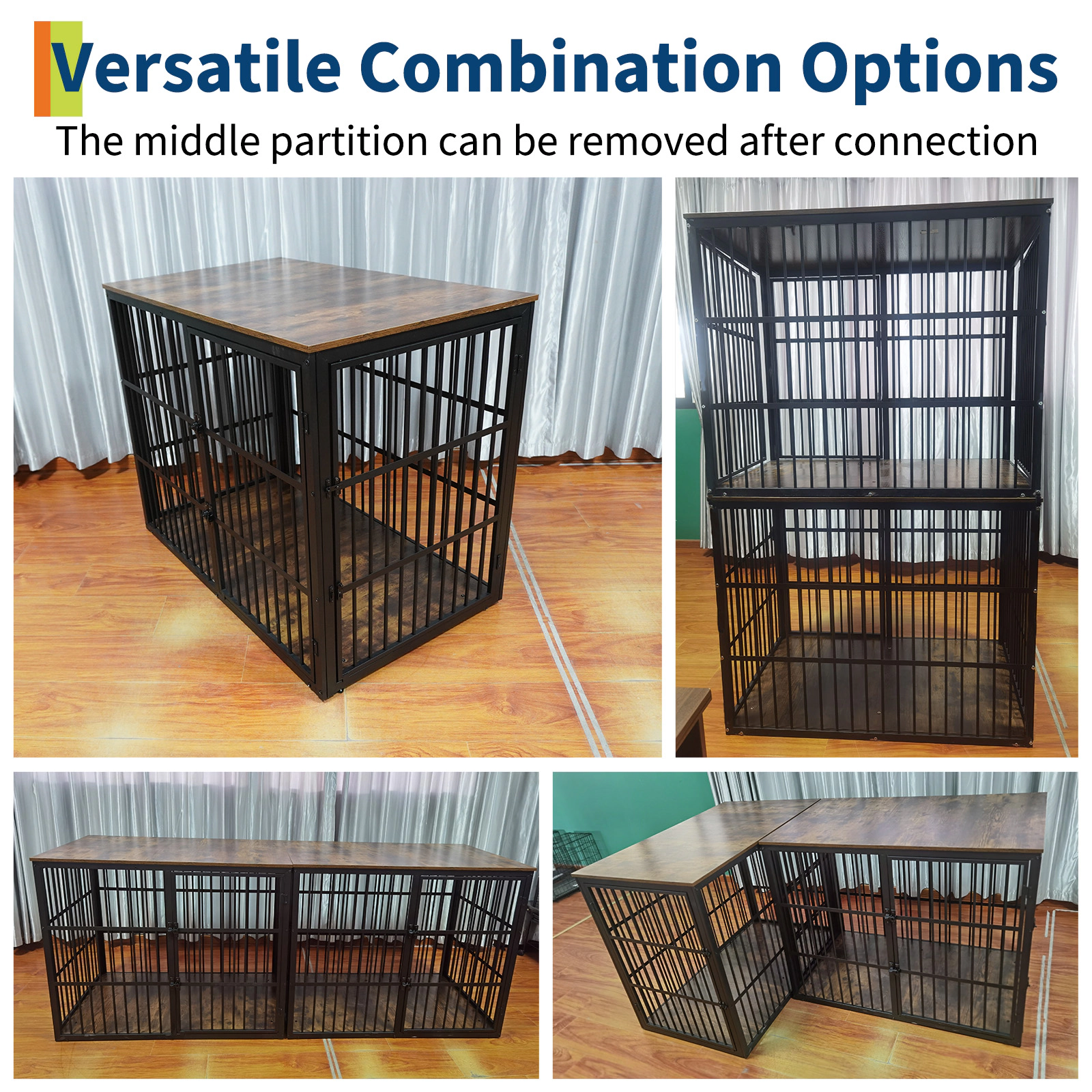 48" 3-in-1 Wooden Dog Crate Furniture with 3 Lockable Doors, Heavy Duty Metal Frame, End Table for Medium Dogs