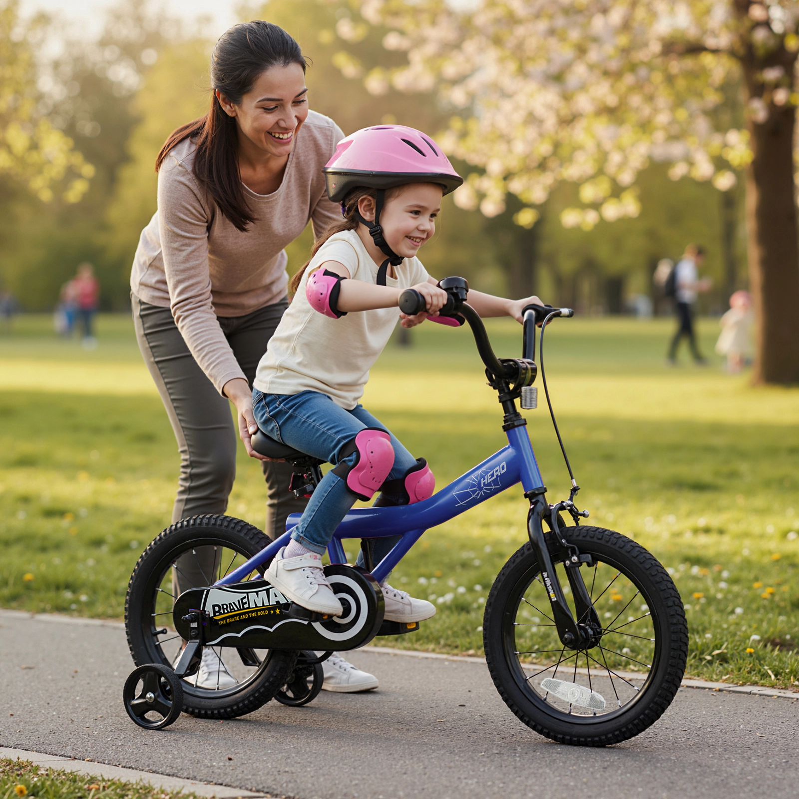 14-in Kids Bike Removable Training Wheels Short-Reach Handbrake Rear Coaster Brake Chain Guard and Bell Ages 3-5 Navy
