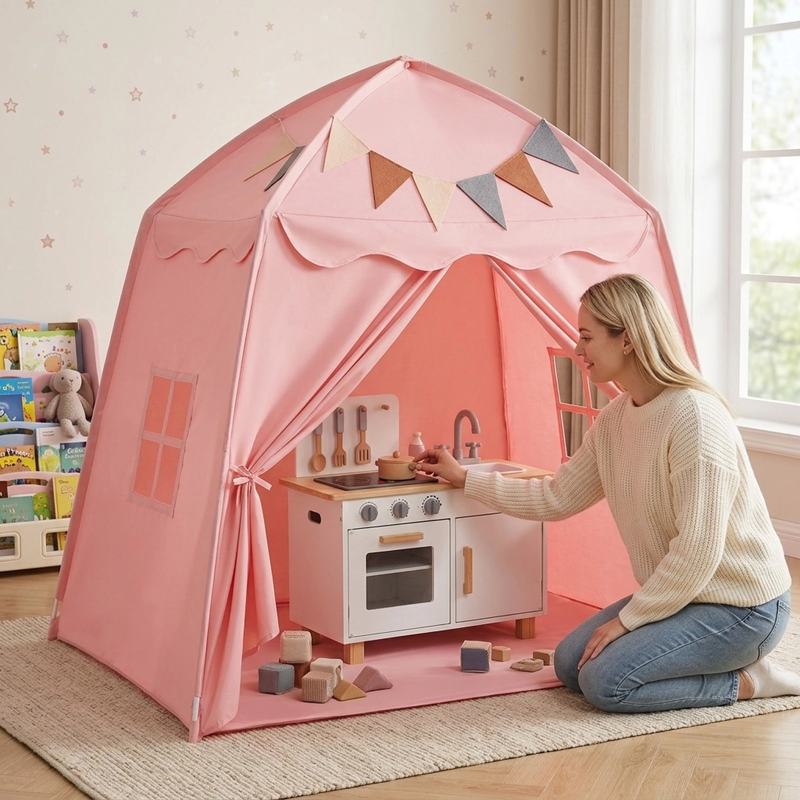 Extra Large Kids Play Tent and Bed Tent for Beds Up to 54-in Wide Pink Boho Playhouse
