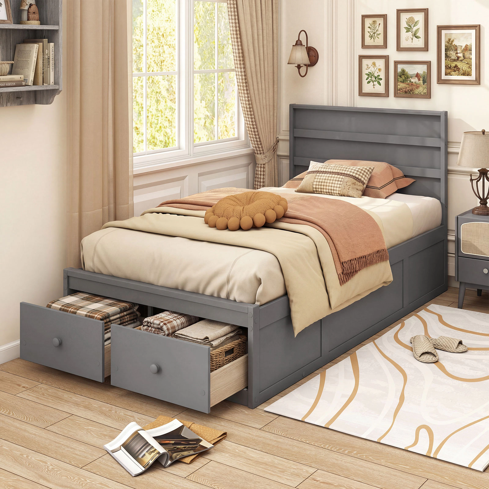 SUGIFT Twin 350-lb Bed Capacity Wood Platform Frame with Headboard and 2 Storage Drawers 40.5-in H Gray