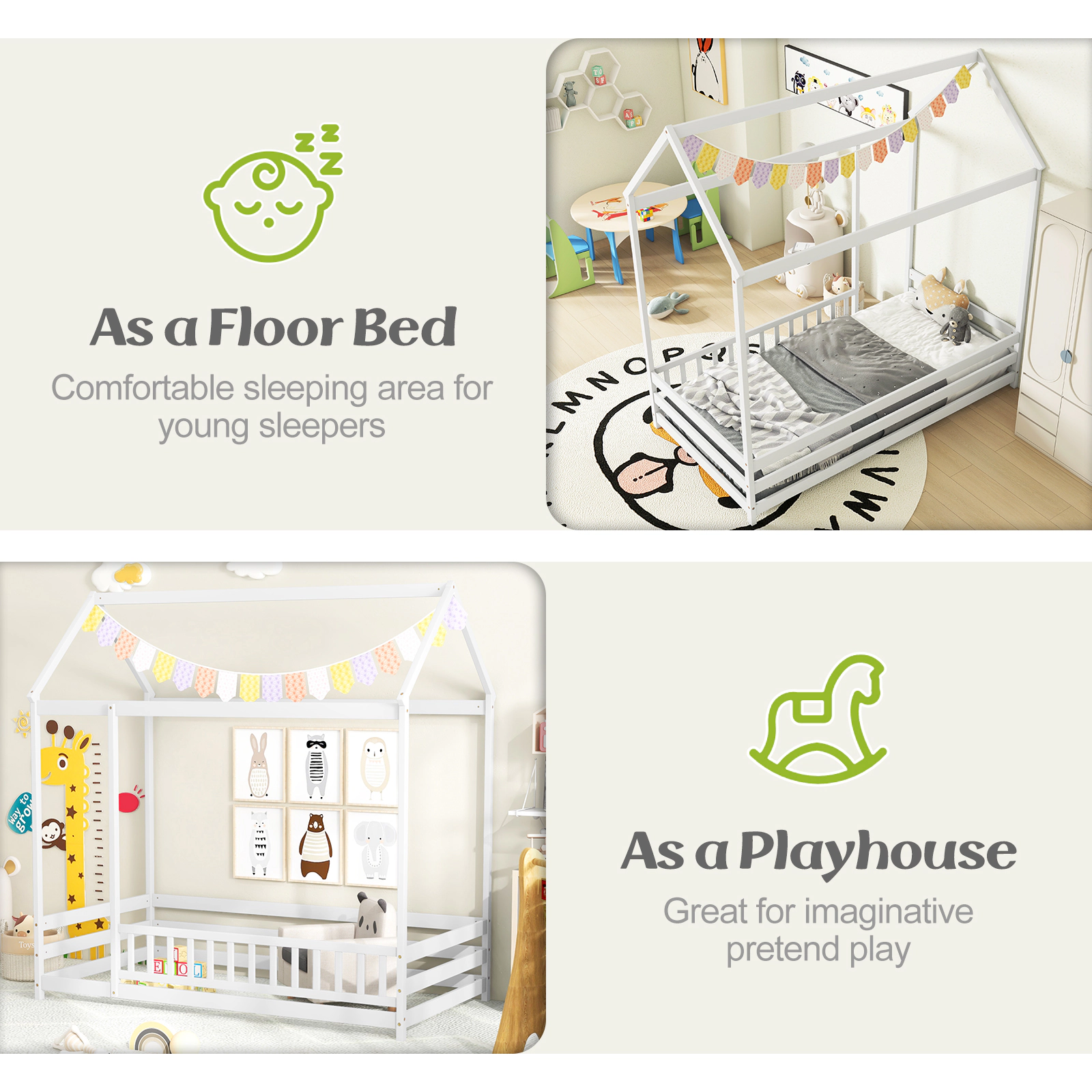 SUGIFT Twin Size White Pine Wood Kids House Floor Bed with Roof 12-in Full Length Guardrail and Doorway