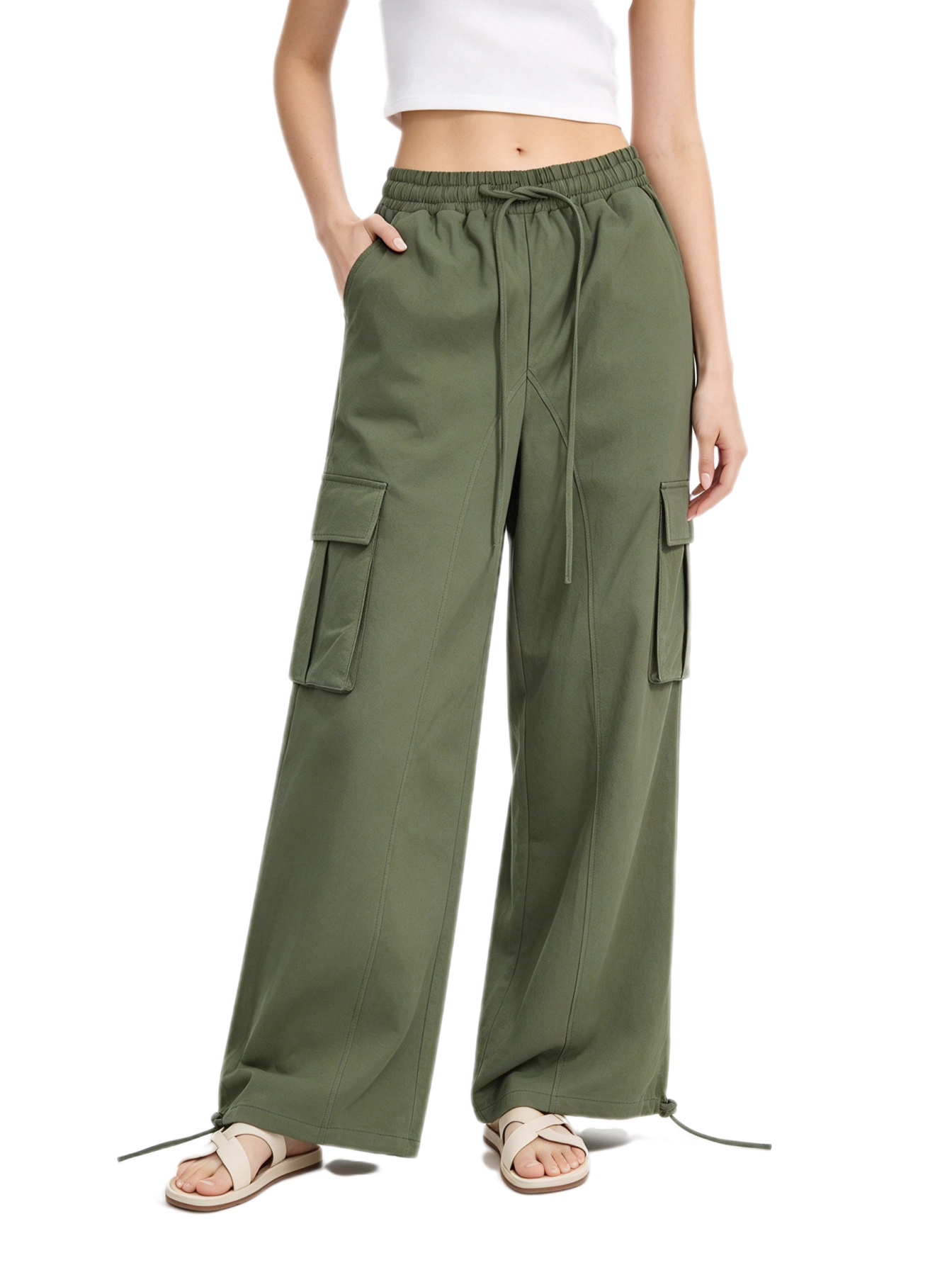 BLUEMING Baggy Cargo Pants Women Parachute Hiking Wide Leg Pants Streetwear Long Trousers with Pockets Y2K Sweatpants