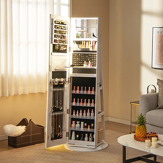 SUGIFT Standing Jewelry Cabinet with Adjustable LED Lights and Rotating Base Full-Length Mirror and Makeup Shelf White