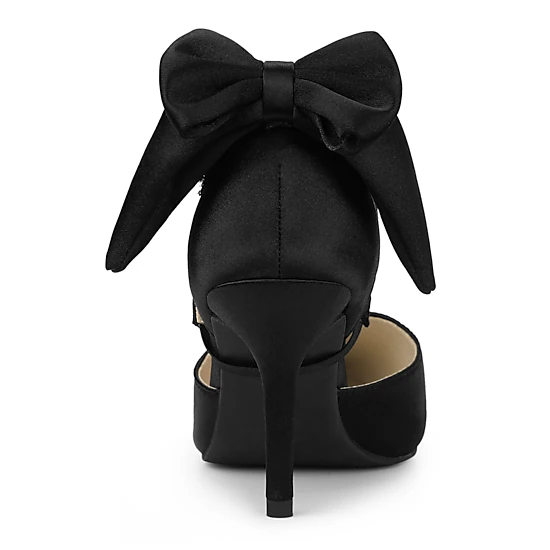 BLISSFUL STEP Women's Pointed Toe Bow Satin Stiletto Heels Pumps