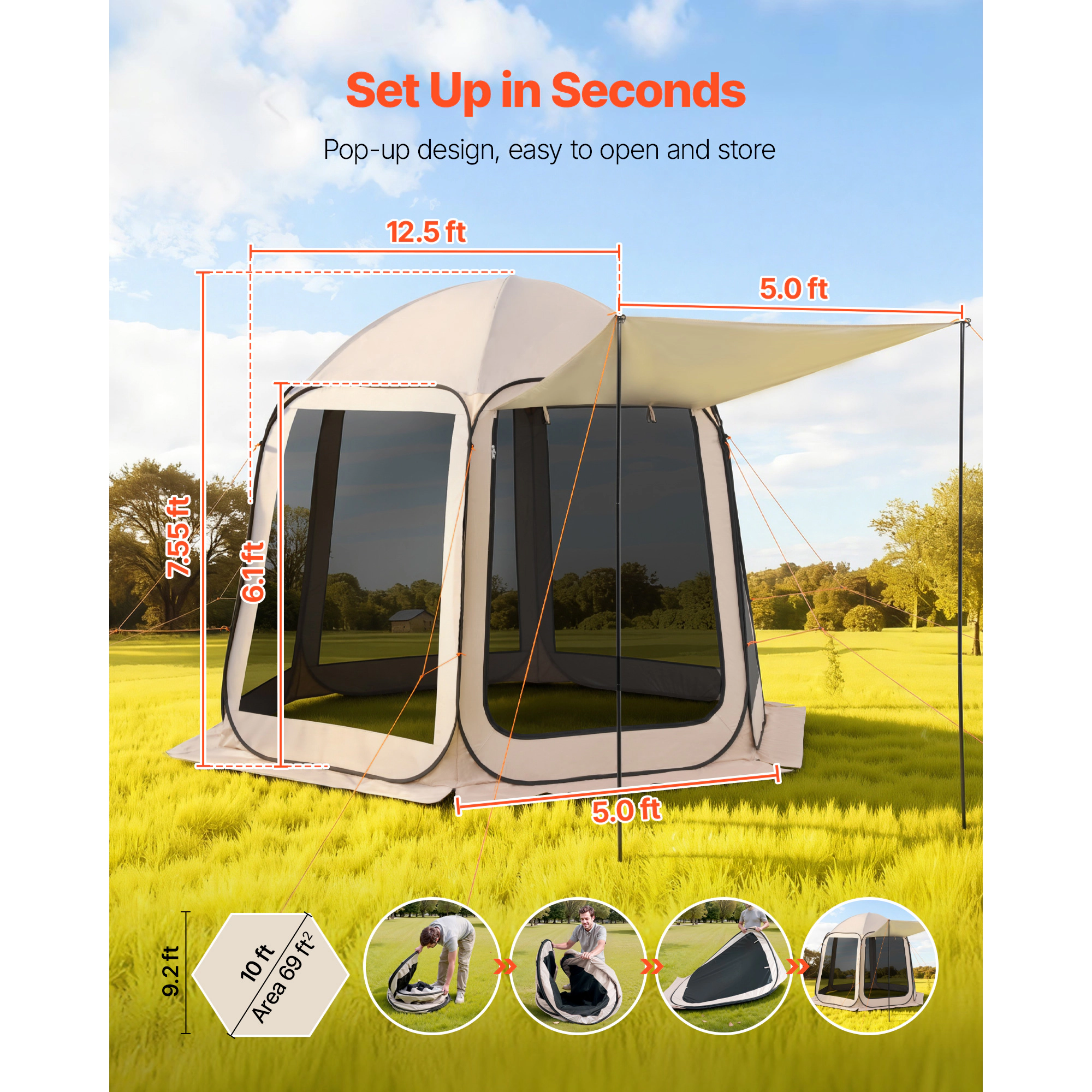 HONGGE Screen House Tent Pop Up Screen Tent with Extended Awning Portable Screened in Canopy with Carry Bag Netting