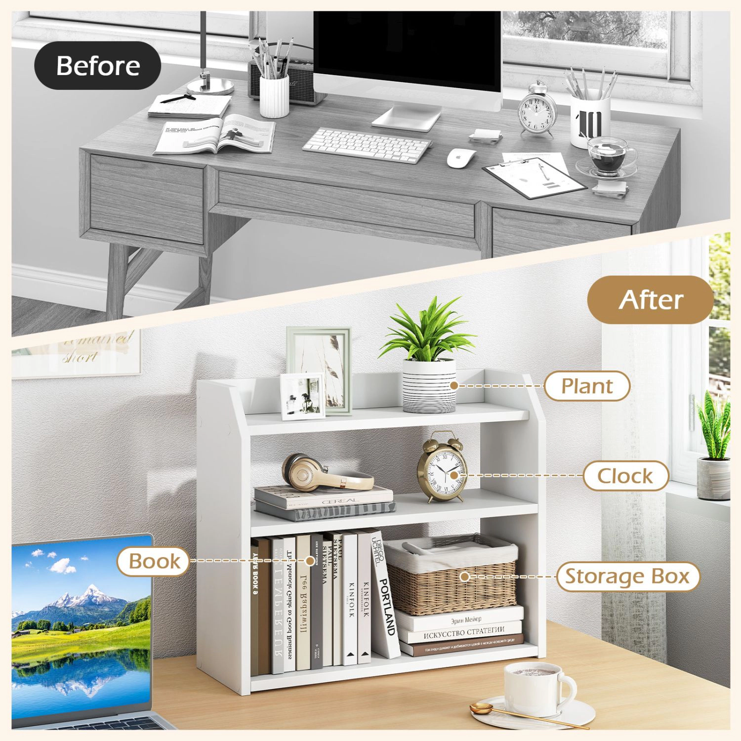 SlickBlue 3 Tier Desktop Bookshelf Organizer with Wooden Storage Shelves