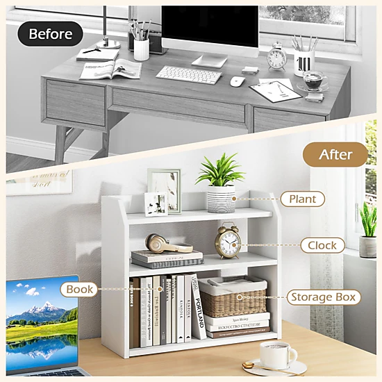 SlickBlue 3 Tier Desktop Bookshelf Organizer with Wooden Storage Shelves