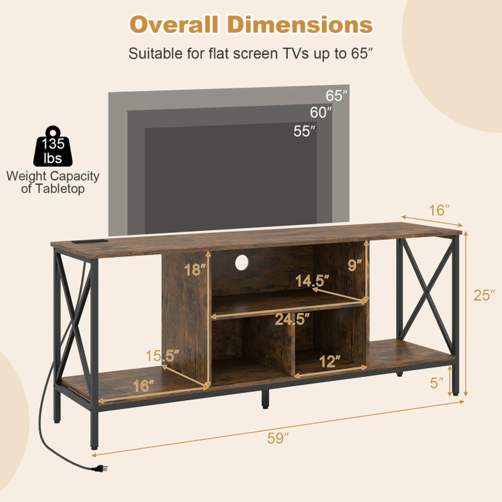 SUGIFT 59-In TV Stand for TVs Up to 65 Inches, LED Lights, Power Outlets, USB Charging, 5 Open Bays